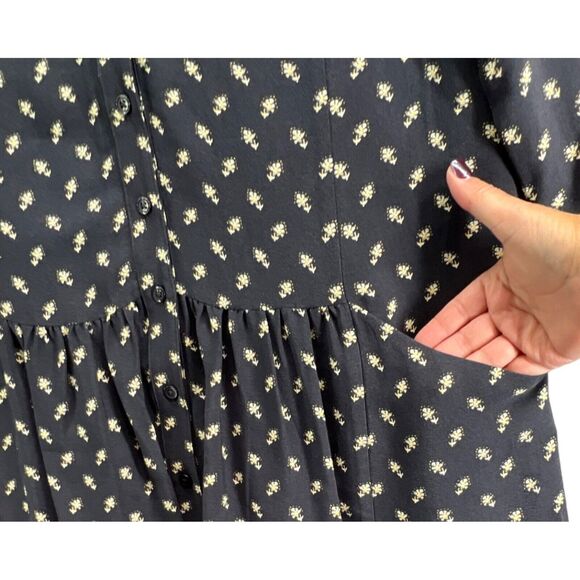 Garnet Hill Dress Womens XS Blue Floral Crepe Drop Waist Buttons Cottage Boho - Picture 6 of 16